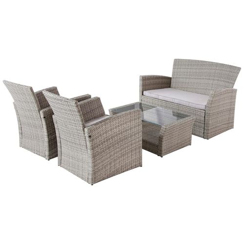 Gartenlounge-Set MY FLAIR, grau (hellgrau, hellgrau, hellgrau), Polyrattan, Eisen, Glas, Sitzmöbel-Sets, 1 Sofa, 2 Sessel, 1 Tisch