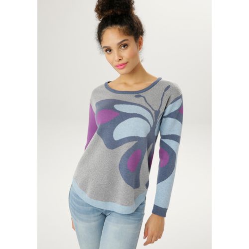 Strickpullover ANISTON SELECTED, Damen, Gr. 40, bunt (grau, lila, rauchblau, hellblau), Feinstrick, Obermaterial: 50% Viskose, 26% Polyamid, 24% Polyester, Jacquardmuster, colorblocking, meliert, feminin, figurumspielend hüftbedeckend, Rundhals, Langarm Rippstrickbündchen, Pullover, mit eingestricktem Schmetterlingsmotiv