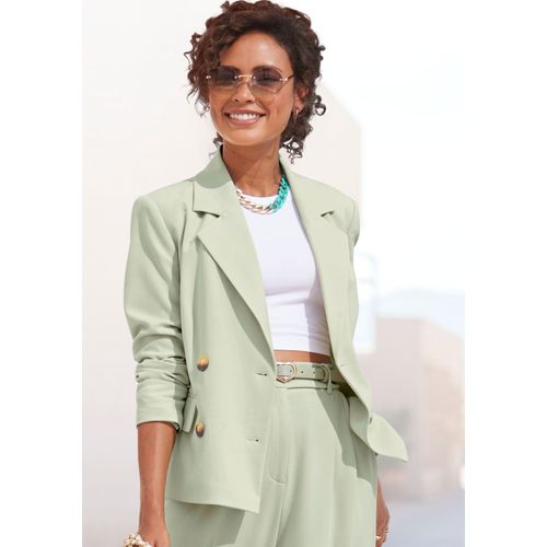Kurzblazer LASCANA, Damen, Gr. 40, grün (schilfgrün), Web, Obermaterial: 64% Polyester, 32% Viskose, 4% Elasthan. Futter: 100% Polyester, unifarben, modisch, figurbetont hüftlang, Langarm, Blazer, mit doppelreihigem Knopfverschluss, Damenblazer, sportlich-elegant, Topseller
