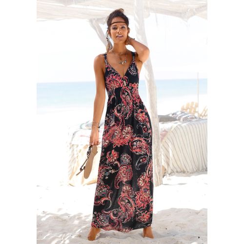 Maxikleid LASCANA, Damen, Gr. 36, N-Gr, schwarz (schwarz, bedruckt), Jersey, Obermaterial: 100% Viskose, Paisley, feminin, figurbetont bodenlang, V-Ausschnitt, ohne Ärmel, Kleider, mit Paisleydruck und verstellbarem Ausschnitt, Sommerkleid