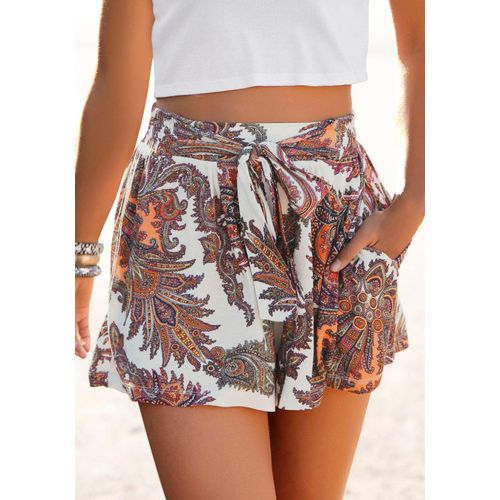 Strandshorts LASCANA, Damen, Gr. 46, N-Gr, bunt (weiß, bedruckt), Jersey, Obermaterial: 100% Viskose, figurumspielend kurz, Hosen Shorts Strandshorts, mit Bindeband und Paisleydruck, elastischer Bund, kurze Hose