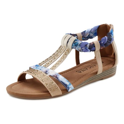 Sandale LASCANA Gr. 36, blau (beige, blau) Damen Schuhe Sandalette, Sommerschuh mit Verzierung und kleinem Keilabsatz VEGAN