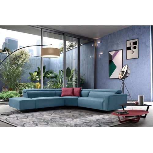 Ecksofa EGOITALIANO, blau (helllblau), B:314cm H:96cm T:284cm, Luxus-Micofaser Lederoptik (100% Polyester) ist ein neues technisches Gewebe mit einem visuellen und taktilen Aspekt, der dem Nubuk sehr nahe kommt, mit innovativen Eigenschaften. Seine außerordentliche Weichheit kommt von einem exklusiven Produktionsprozess, der Unreinheiten und Unregelmäßigkeiten beseitigt. Das Ergebnis ist eine beme