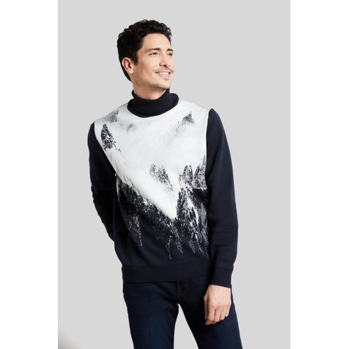 Rollkragenpullover BUGATTI, Herren, Gr. 4XL, blau (marine), 70% Acryl, 30% Wolle, bedruckt, casual, regular fit, ohne Ausschnitt, Langarm Rippbündchen, Pullover, mit winterlichem Bergmotiv