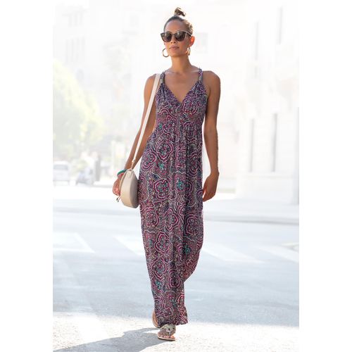Maxikleid LASCANA, Damen, Gr. 34, N-Gr, lila (beere, bedruckt), Jersey, Obermaterial: 100% Viskose, Paisley, feminin, figurumspielend bodenlang, V-Ausschnitt, ohne Ärmel, Kleider, mit Paisleymuster und verstellbarem Ausschnitt, Sommerkleid