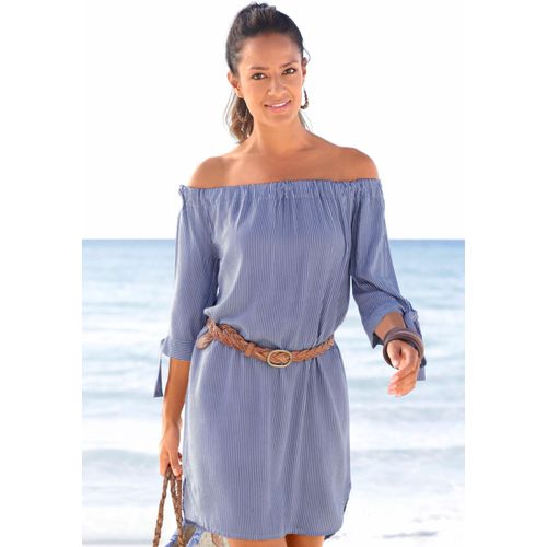 Blusenkleid LASCANA, Damen, Gr. 40, N-Gr, blau (blau, weiß), Web, Obermaterial: 100% Viskose, gestreift, casual, figurumspielend ca. Mitte Oberschenkel, Carmenausschnitt, 3/4-Ärmel, Kleider, mit Streifendruck und Carmenausschnitt, Sommerkleid, Strandkleid