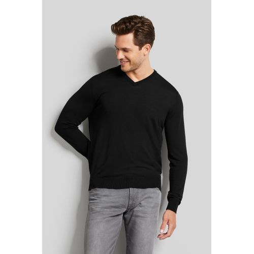 Rundhalspullover BUGATTI, Herren, Gr. M, schwarz, Sweatware, 100% Wolle, casual, regular fit, V-Ausschnitt, Langarm Rippbündchen, Pullover, aus feiner Merinowolle