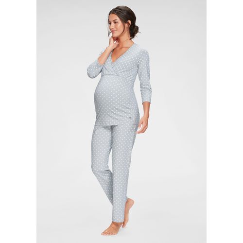 Umstandspyjama LASCANA, Damen, Gr. 32/34, grau (grau, weiß, gepunktet), Obermaterial: 95% Baumwolle, 5% Elasthan, gepunktet, feminin, Basic schmal, V-Ausschnitt, 3/4-Ärmel, Homewear-Sets, in Wickeloptik mit Pünktchenmuster
