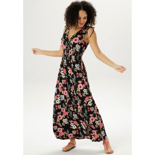 Sommerkleid ANISTON SELECTED, Damen, Gr. 48, N-Gr, bunt (schwarz, rose, azur, rot, hellgrün, weiß), Single Jersey, Obermaterial: 95% Viskose, 5% Elasthan, bedruckt, geblümt, feminin, figurumspielend lang, V-Ausschnitt, ohne Ärmel, Kleider Maxikleid, mit Trägern zum Raffen