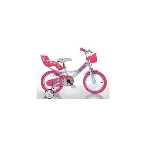 Kinderfahrrad DINO "Unicorn Einhorn" Fahrräder Gr. 25cm, 14 Zoll (35,56cm), pink (weiß) Kinder mit Stützrädern, Korb und Puppensitz