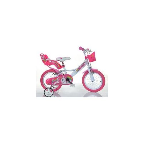 Kinderfahrrad DINO "Unicorn Einhorn" Fahrräder Gr. 28cm, 16 Zoll (40,64cm), pink (weiß) Kinder mit Stützrädern, Korb und Puppensitz