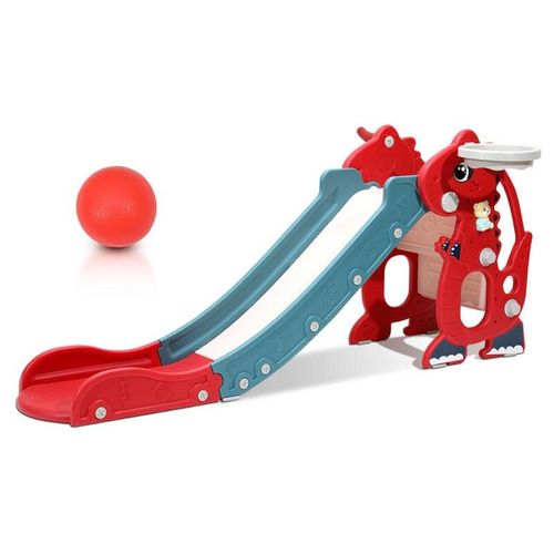 Kinderrutsche Rutsche Gartenrutsche 4-in-1 Kinder Spielplatz mit Basketballkorb Wurfring Englisch-Lerngerät Rot