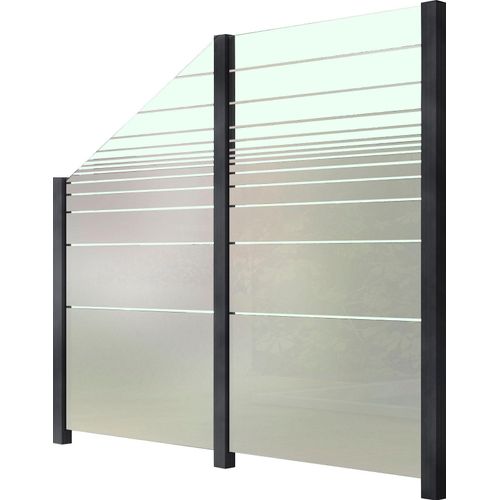 Zaun STAKET PRO, grau (anthrazit), Pfosten: 3 St., Aluminium, Glas, Zaunelemente, Glaszaun, zwei Gläser und seitlicher Abschrägung zum Einbetonieren