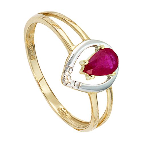 Diamantring JOBO Gr. 52, gelb (gelbgold 585), Fingerringe, Damen, 52, P1 = bei 10-facher Vergrößerung erkennbare Einschlüsse, Gelbgold 585-Diamanten, Gelbgold 585, Diamanten, 585 Gold bicolor mit Rubin und 3 Diamanten