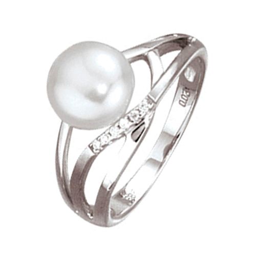 Diamantring JOBO Gr. 58, weiß (weißgold 585), Fingerringe, Damen, 58, P1 = bei 10-facher Vergrößerung erkennbare Einschlüsse, Weißgold 585-Diamanten-Perlen, Weißgold 585, Diamanten, Perlen, 585 Weißgold mit Perle und 6 Diamanten