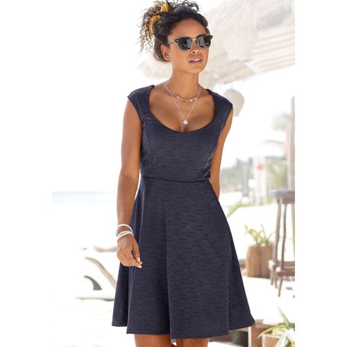 Sommerkleid BEACHTIME, Damen, Gr. 38, N-Gr, blau (marine), Jersey, Obermaterial: 95% Polyester, 5% Elasthan. Futter: 100% Polyester, unifarben, modisch, figurumspielend ca. Mitte Oberschenkel, Rundhals, ohne Ärmel, Kleider, mit Lochstickerei, elegantes Jerseykleid, Strandkleid