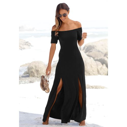 Maxikleid LASCANA, Damen, Gr. 40, N-Gr, schwarz, Jersey, Obermaterial: 95% Polyester, 5% Elasthan, modisch, figurumspielend bodenlang, Carmenausschnitt, Kurzarm, Kleider, mit langen Beinschlitzen und Carmenausschnitt, schulterfrei, Basic