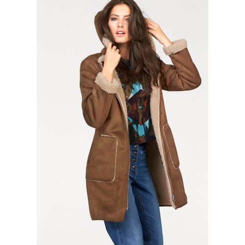 Kurzmantel ANISTON CASUAL, Damen, Gr. 40, beige (camelfarben, beige), Web, Obermaterial: 100% Polyester. Futter: 100% Polyester, unifarben, casual, figurumspielend kniefrei, Langarm Umschlagsaum, Mäntel, mit Kapuze