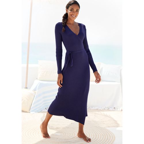 Strickkleid LASCANA Gr. 36/38, N-Gr, blau (marine) Damen Kleider Loungekleid zum wickeln mit Taillengürtel, Loungewear