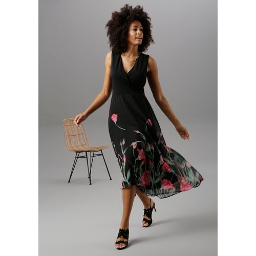 Sommerkleid ANISTON SELECTED, Damen, Gr. 38, N-Gr, schwarz (schwarz, rot, grün), Chiffon, Web, Jersey, Obermaterial: 95% Polyester, 5% Elasthan. Futter: 100% Polyester. Rock: 100% Polyester, bedruckt, elegant, figurumspielend wadenlang, V-Ausschnitt, Kleider, mit floralem Druck, Topseller