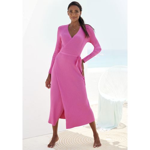 Strickkleid LASCANA Gr. 40/42, N-Gr, pink Damen Kleider Loungekleid zum wickeln mit Taillengürtel, Loungewear