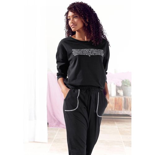 Pyjama KANGAROOS, Damen, Gr. 36/38, schwarz, Single Jersey, Obermaterial: 100% Baumwolle, bedruckt, Basic, bequem lang, Rundhals, Langarm Rippbündchen, Homewear-Sets, mit Slogan-Frontdruck