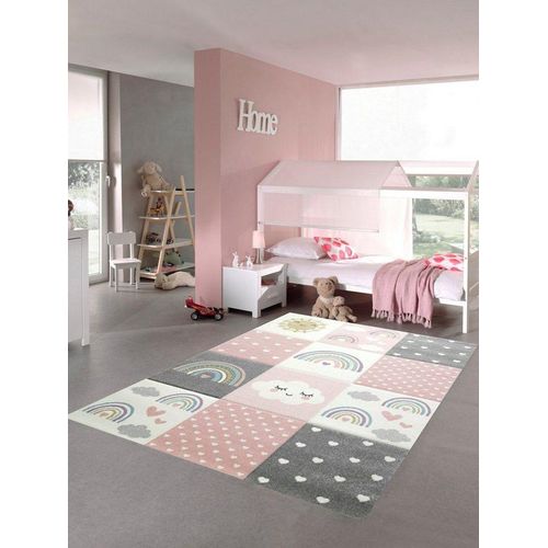Kinderteppich Kinderzimmer Teppich Spielteppich Regenbogen Punkte Herzchen Wolken rosa creme grau