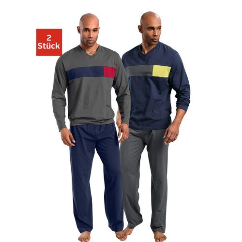 Pyjama LE JOGGER, Herren, Gr. 56/58, blau (marine, grau), Single Jersey, Obermaterial: 100% Baumwolle, Basic, bequem lang, V-Ausschnitt, Langarm abgesteppte Kante, Homewear-Sets, mit Colourblock-Einsätzen