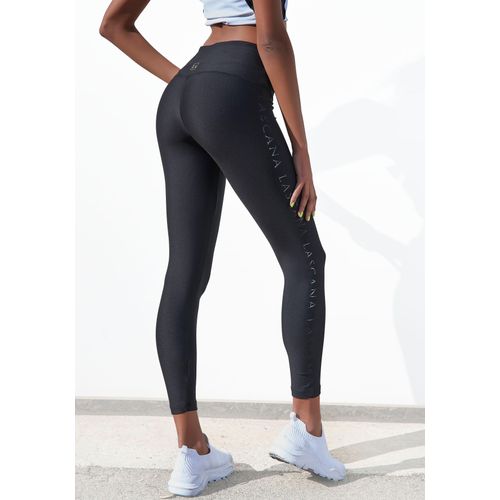 Leggings LASCANA ACTIVE Gr. 36/38, N-Gr, schwarz Damen Hosen mit glänzendem Logoschriftzug