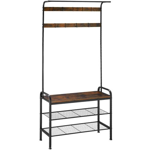 tectake® Garderobenständer, Industrial Style, mit Sitzfläche, 2 Gitterablagen und 9 abnehmbaren Haken, inklusive Kippschutz, 85,5 x 36 x 184 cm