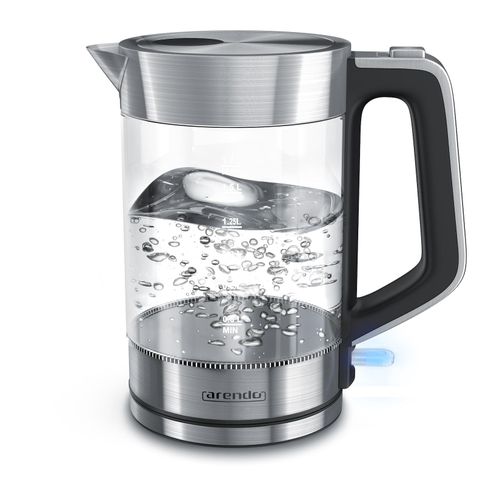 Arendo Wasserkocher mit Cool-Touch-Griff, Glas-Wasserkocher, 1,7 L, 2200 W, hochwertiges Edelstahl, Silber