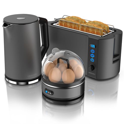 Arendo - Wasserkocher mit Toaster und Eierkocher SET Edelstahl Grau Wasserkocher 1,5L 40° - 100°C, Toaster 4 Scheiben LED-Display 6 Bräunungsgrade