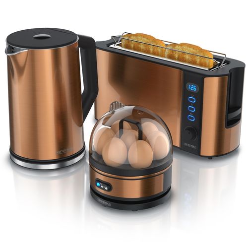 Arendo - Wasserkocher mit Toaster und Eierkocher SET Edelstahl Kupfer Wasserkocher 1,5L 40° - 100°C, Toaster 2 Scheiben LED-Display 6 Bräunungsgrade