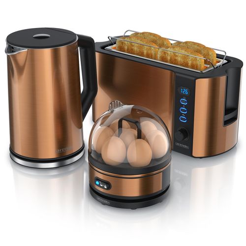 Arendo - Wasserkocher mit Toaster und Eierkocher SET Edelstahl Kupfer Wasserkocher 1,5L 40° - 100°C, Toaster 4 Scheiben LED-Display 6 Bräunungsgrade