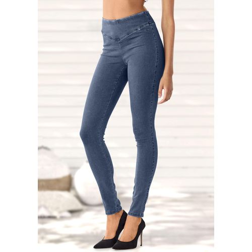 Jeggings BUFFALO, Damen, Gr. 42, N-Gr, blau (jeansblau, blau), Web, Obermaterial: 69% Baumwolle, 21% Polyester, 8% Viskose, 2% Elasthan, unifarben, Basic, figurbetont, Hosen, mit breitem Bund