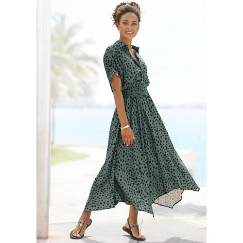 Druckkleid LASCANA, Damen, Gr. 46, N-Gr, grün (grün, schwarz bedruckt), Web, Obermaterial: 100% Viskose, bedruckt, modisch, figurumspielend ca. Mitte Wade, Kurzarm, Kleider, mit Punktedruck und asymmetrischem Saum, Hemdblusenkleid, Midikleid, Topseller