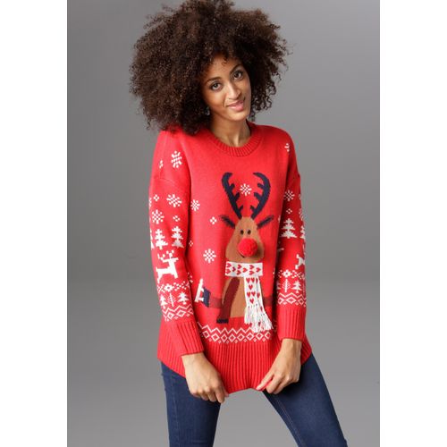 Weihnachtspullover ANISTON CASUAL Gr. 48, rot (rot-weiß-marine-hellbraun-braun) Damen Pullover mit Bommel-Nase und Fransenschal Bestseller