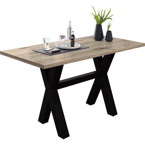Bartisch MÄUSBACHER, schwarz (schwarzstahl, sandeichefarben, schwarzstahl), B:140cm H:105cm T:70cm, Tische, Bartisch, Gestell in X-Form (Breite 120, 140 oder 160 cm)