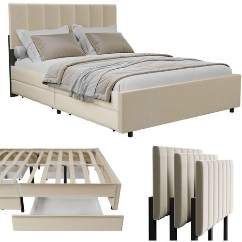 Juskys Samt Polsterbett Soria 140x200 cm mit Lattenrost & Schubladen - modernes Bett - Kopfteil höhenverstellbar - Jugendbett - Doppelbett Beige