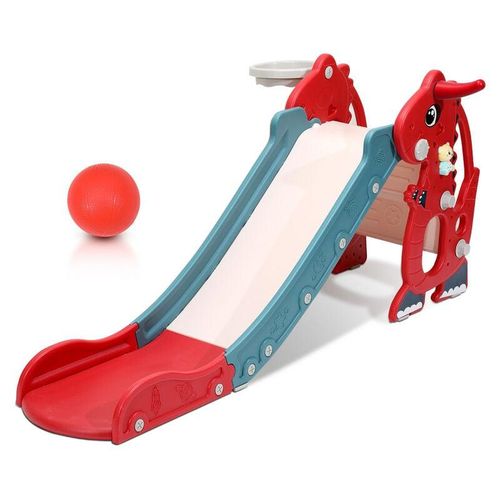 Kinderrutsche Rutsche Gartenrutsche 4-in-1 Kinder Spielplatz mit Basketballkorb Wurfring Englisch-Lerngerät Rot