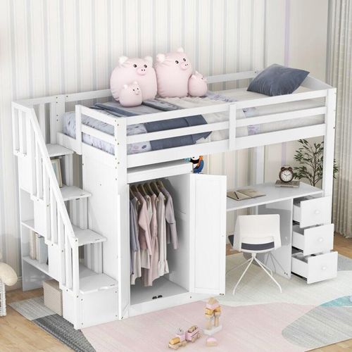 Hochbett 90x200cm mit Kleiderschrank und Schreibtisch, Treppe und Schubladen, Etagenbett Spielbett Kinderbett Weiß Holz Kiefer - Merax