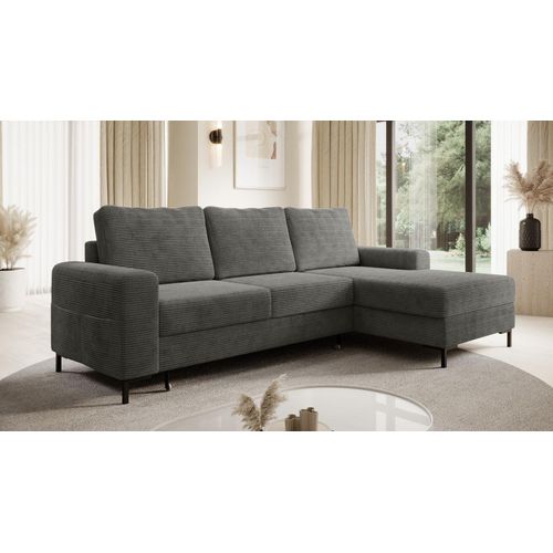 Ecksofa SAIGON Cord Anthrazit Grau mit Bettfunktion und Bettkasten Ottomane rechts