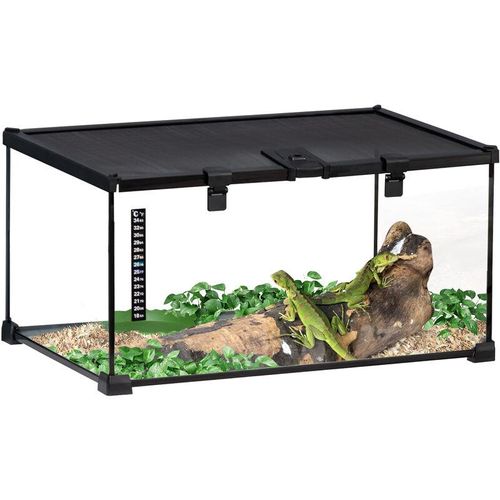 Pawhut - Terrarium für Reptilien Reptile Fütterungsbox Glasterrarium Amphibien Spinnentiere mit Thermometer Reptilienzuchtbox Metall Schwarz 50 x 30