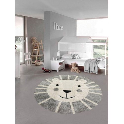 Kinderteppich Kinderzimmer Teppich Baby Spielteppich 3D Optik High Low Effekt Löwe creme grau weiß
