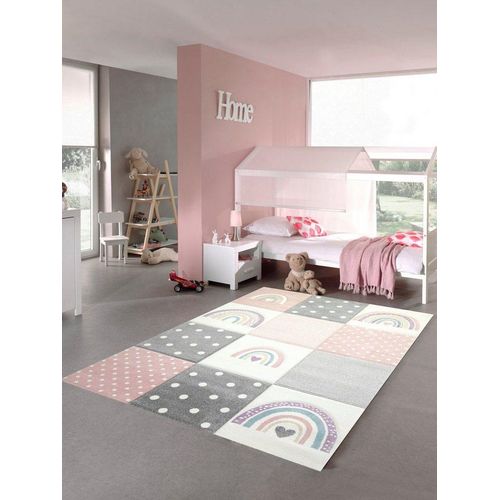 Kinderteppich Kinderzimmer Teppich Spielteppich Regenbogen Punkte Herzchen rosa grau creme