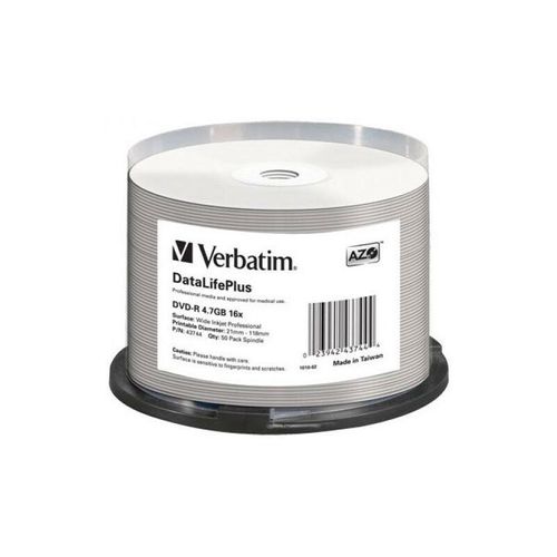 Dvd-r 4.7GB 16x Cakebox (50 Disc) InkJet Printable, White Fullsize (43744) - Verbatim