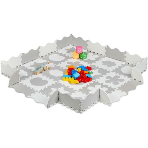 Puzzlematte 52-teilig, eva Schaumstoff, schadstofffrei, 1,4 m², Spielmatte mit Rand, versch. Motive, grau/weiß - Relaxdays