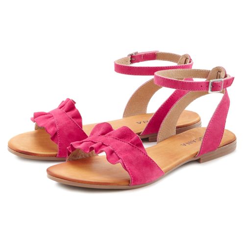 Sandale LASCANA Gr. 39, pink Damen Schuhe Sandalette, Sommerschuh aus hochwertigem Leder mit kleinen Rüschen