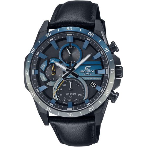 Solaruhr CASIO EDIFICE Armbanduhren schwarz Herren Quarzuhr, Armbanduhr, Herrenuhr, Neo-Display, Lederarmband