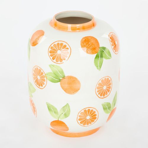 Weiße Vase mit orange-grünem Orangenmuster